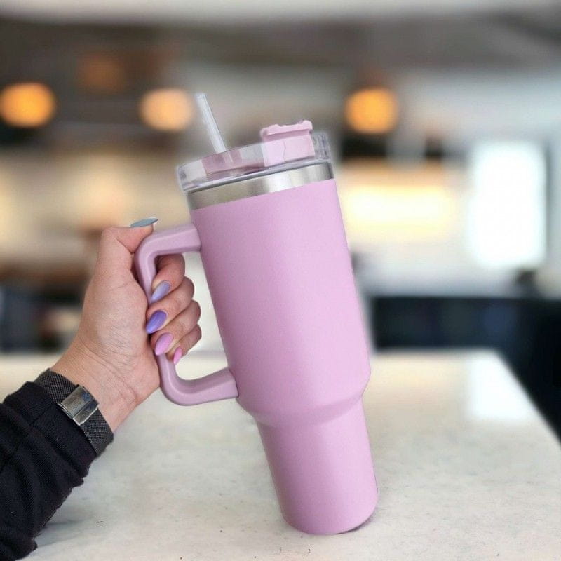 Termální hrnek 1L s rukojetí a slámkou, 1L Tumbler - Lilac