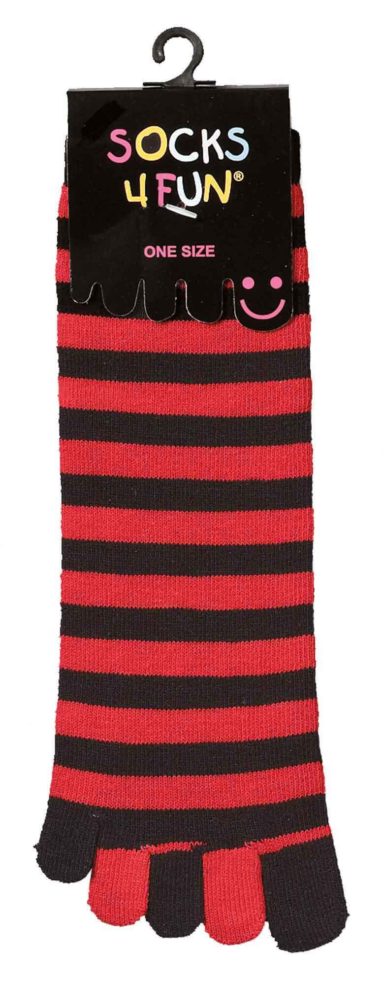pruhované červeno černé ponožky ve špičce v balení s označením socks 4 fun a one size. ponožky mají individuální prostor pro každý prst a jsou určeny pro hravé, běžné nošení.