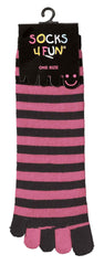 pár prstových ponožek s růžovými a černými pruhy s označením socks 4 fun a one size.