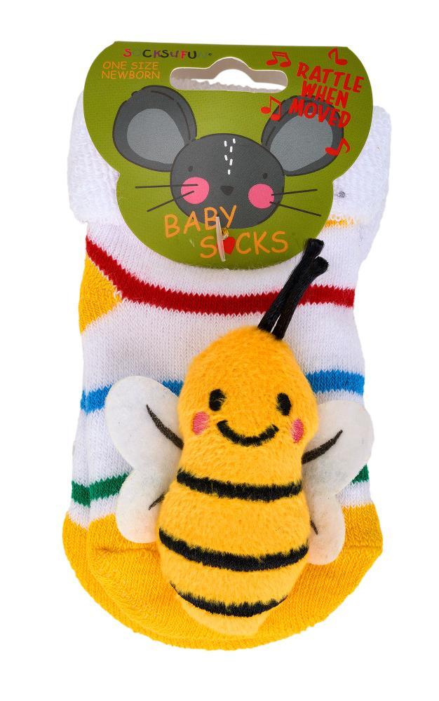 dětské ponožky s barevnými pruhy a roztomilou plyšovou včeličkou. balení obsahuje usměvavou ilustraci myši a poznámky rattle při pohybu. navrženo pro novorozence od cksufu.
